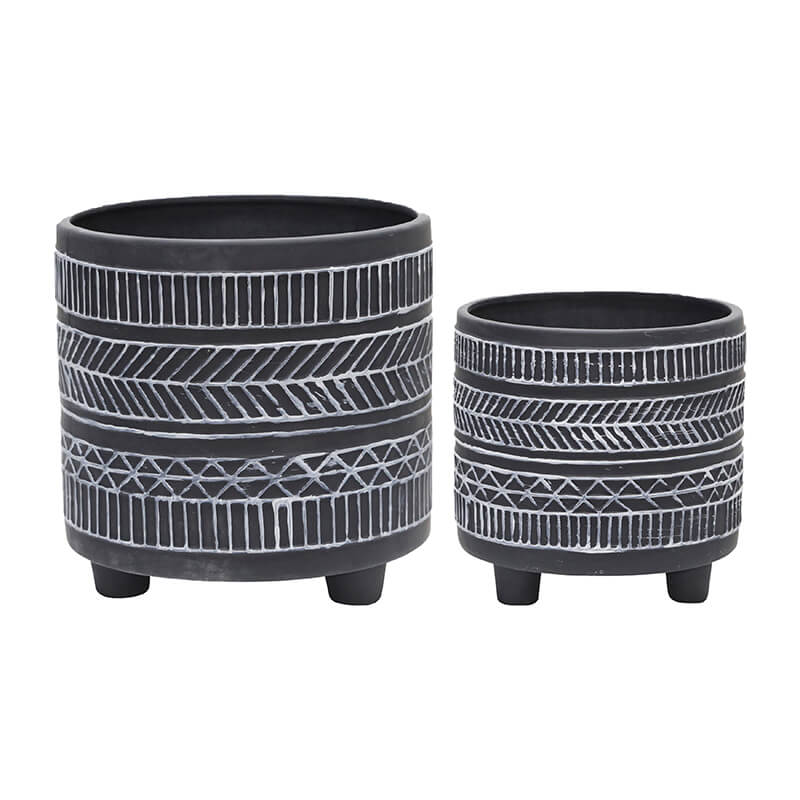 6/8" Black Ceramic Tribal Look Footed Planter - Set Of 2