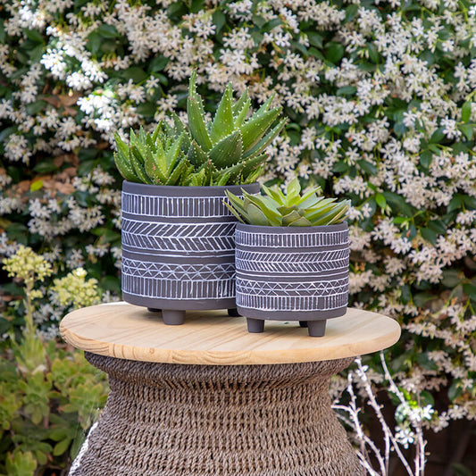 6/8" Black Ceramic Tribal Look Footed Planter - Set Of 2