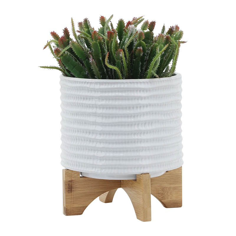 8" White Round Textured Ceramic Planter