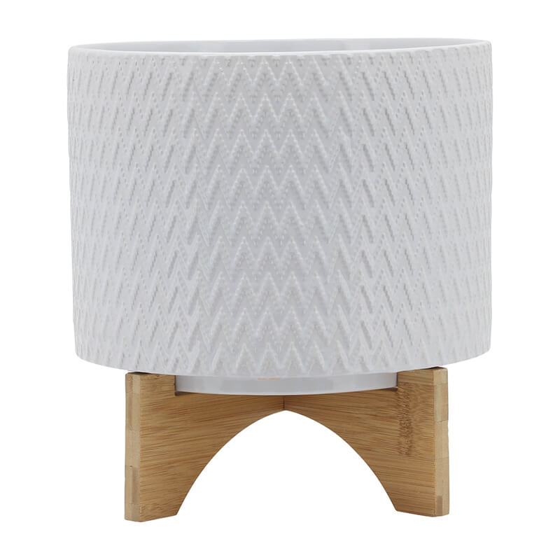 11" White Ceramic Chevron Planter With Wooden Stand