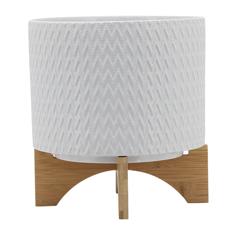 11" White Ceramic Chevron Planter With Wooden Stand