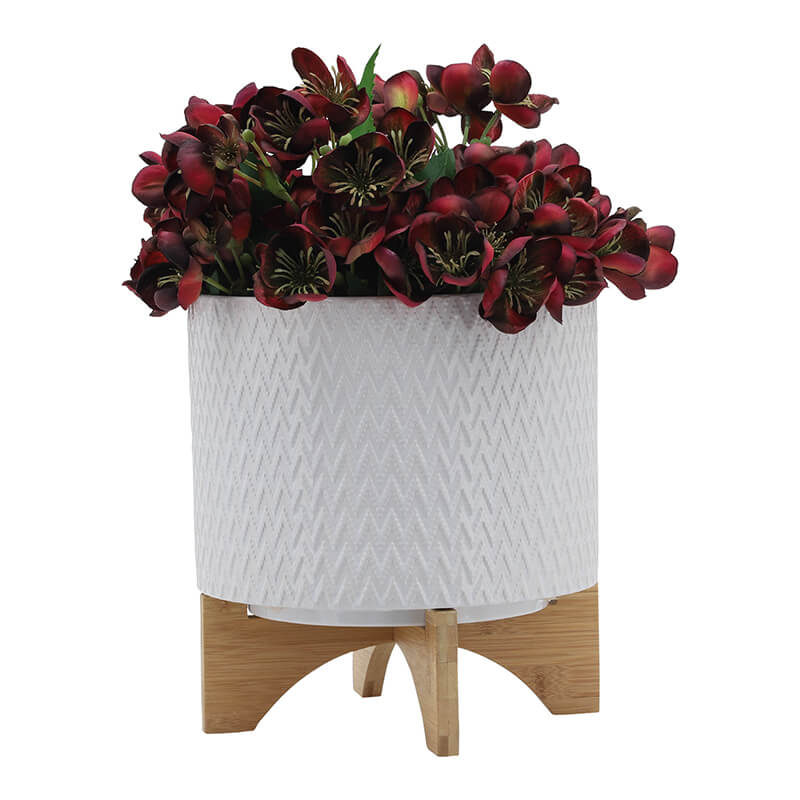 11" White Ceramic Chevron Planter With Wooden Stand