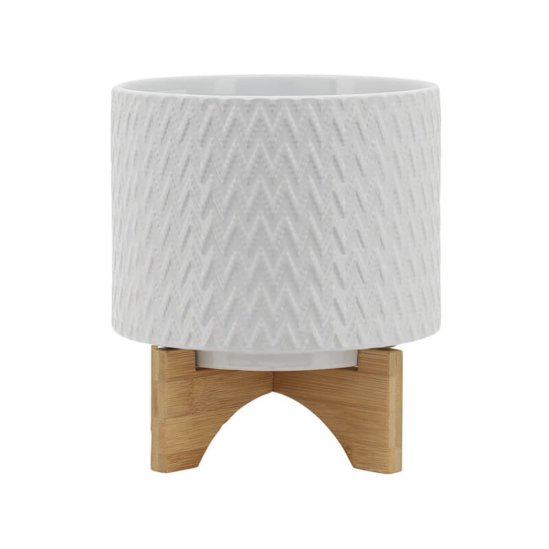 8" White Round Chevron Ceramic Planter