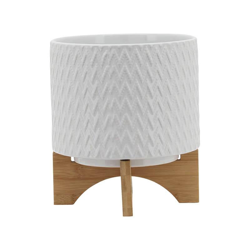 8" White Round Chevron Ceramic Planter