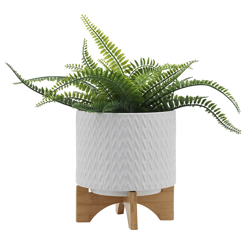 8" White Round Chevron Ceramic Planter