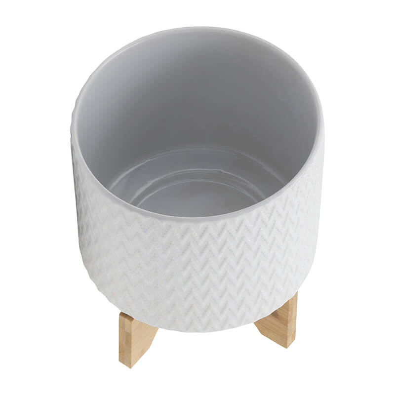 8" White Round Chevron Ceramic Planter