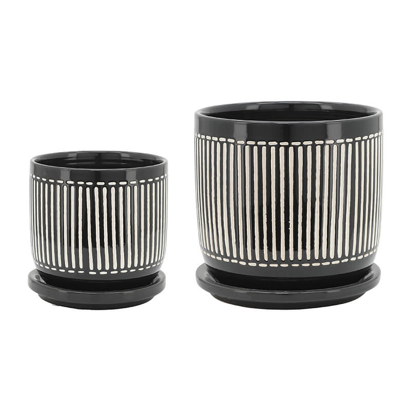 Black White Vertical Lines Round Planter