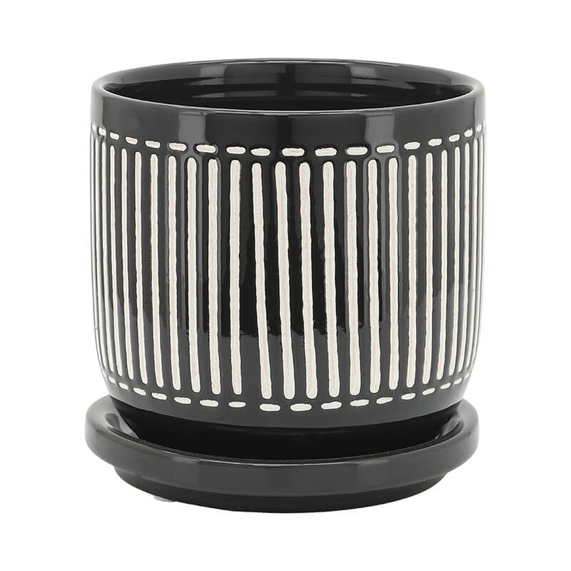 Black White Vertical Lines Round Planter