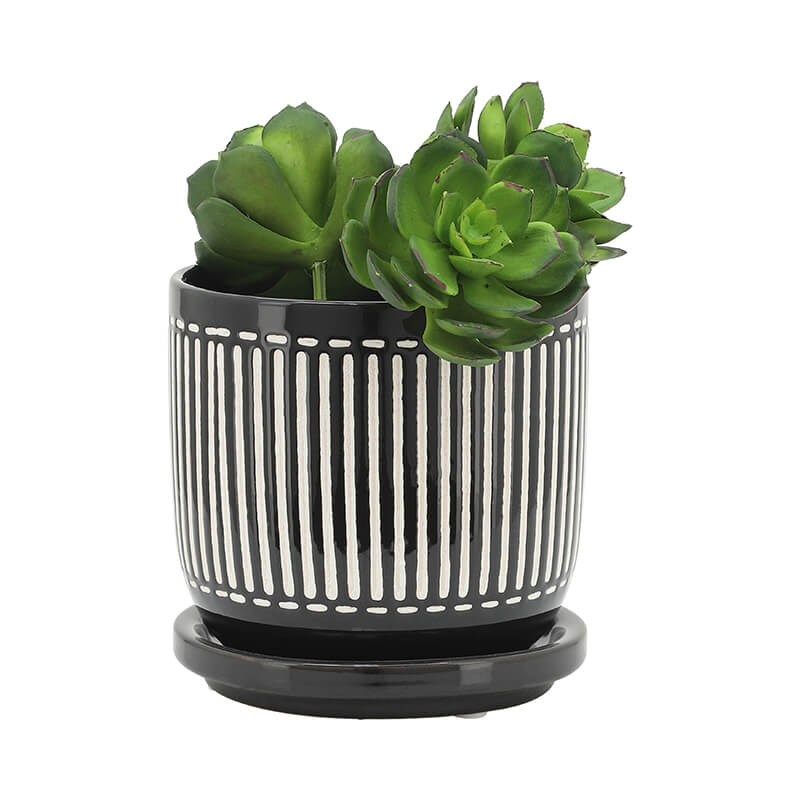 Black White Vertical Lines Round Planter