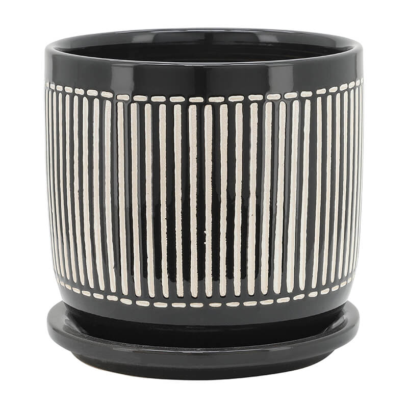 Black White Vertical Lines Round Planter