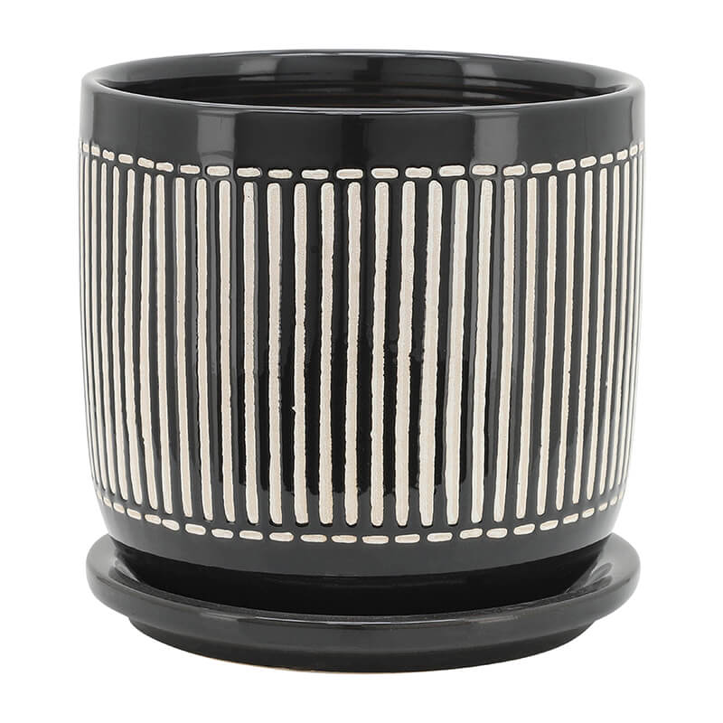 Black White Vertical Lines Round Planter