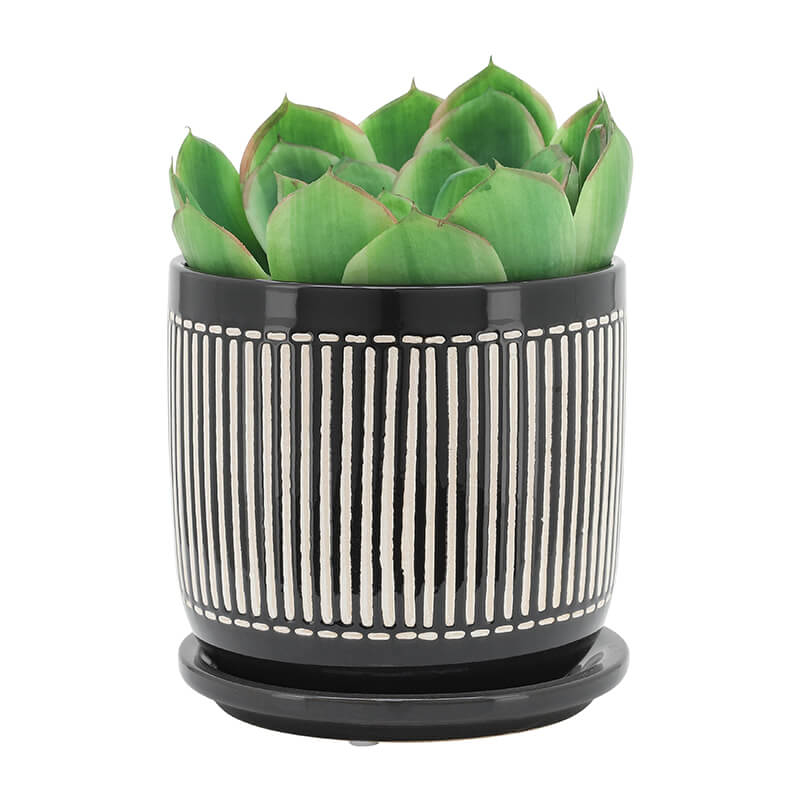 Black White Vertical Lines Round Planter