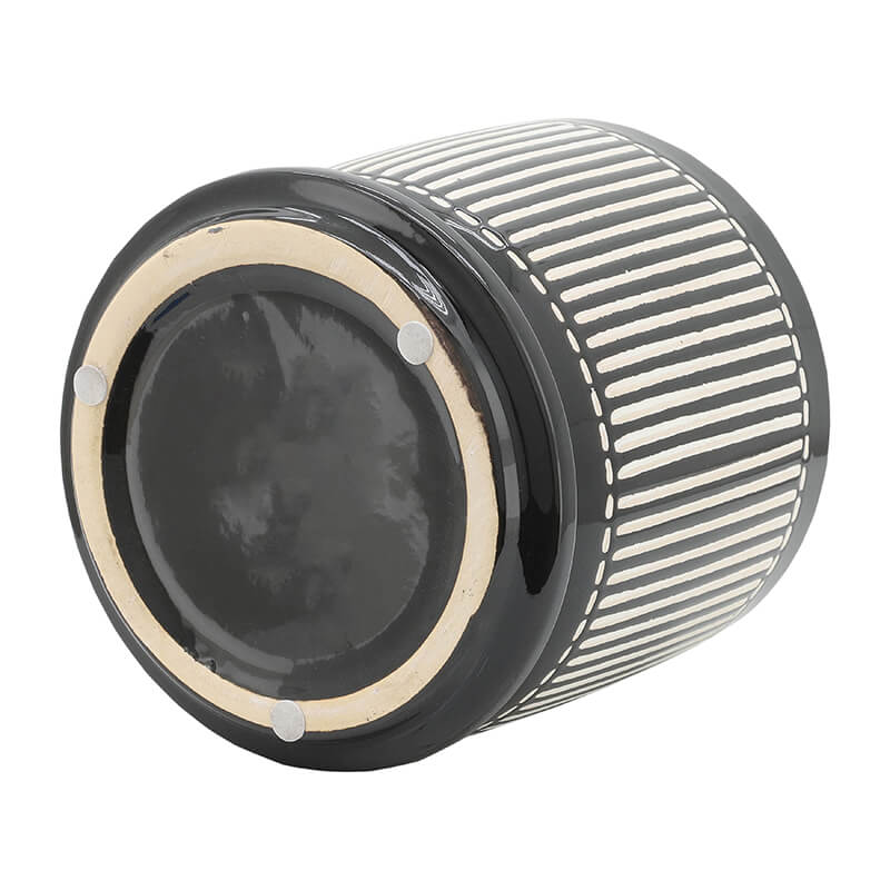 Black White Vertical Lines Round Planter