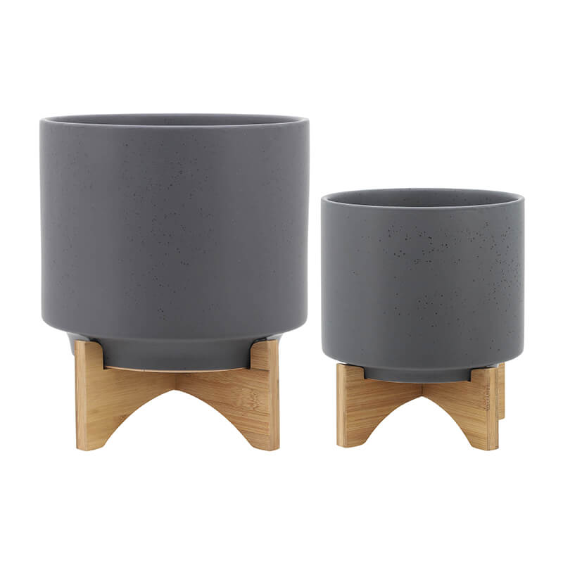 10" Modern Ceramic Gray Planter With Wooden Stand