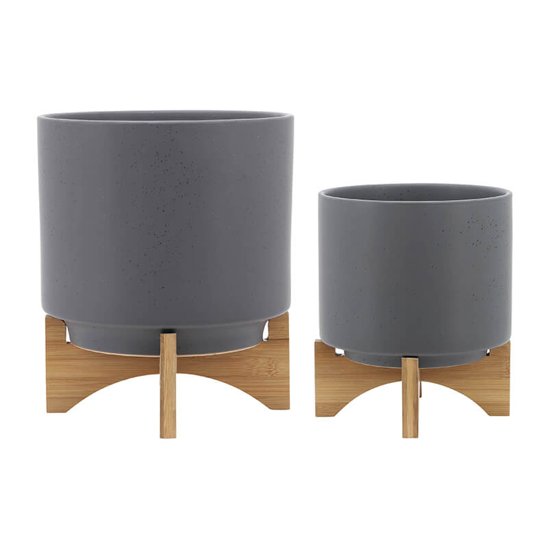 10" Modern Ceramic Gray Planter With Wooden Stand