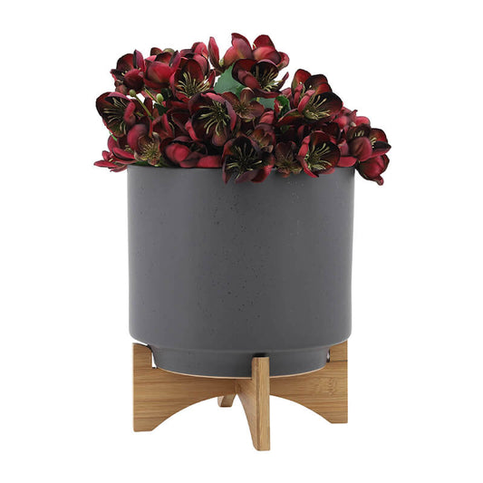 10" Modern Ceramic Gray Planter With Wooden Stand