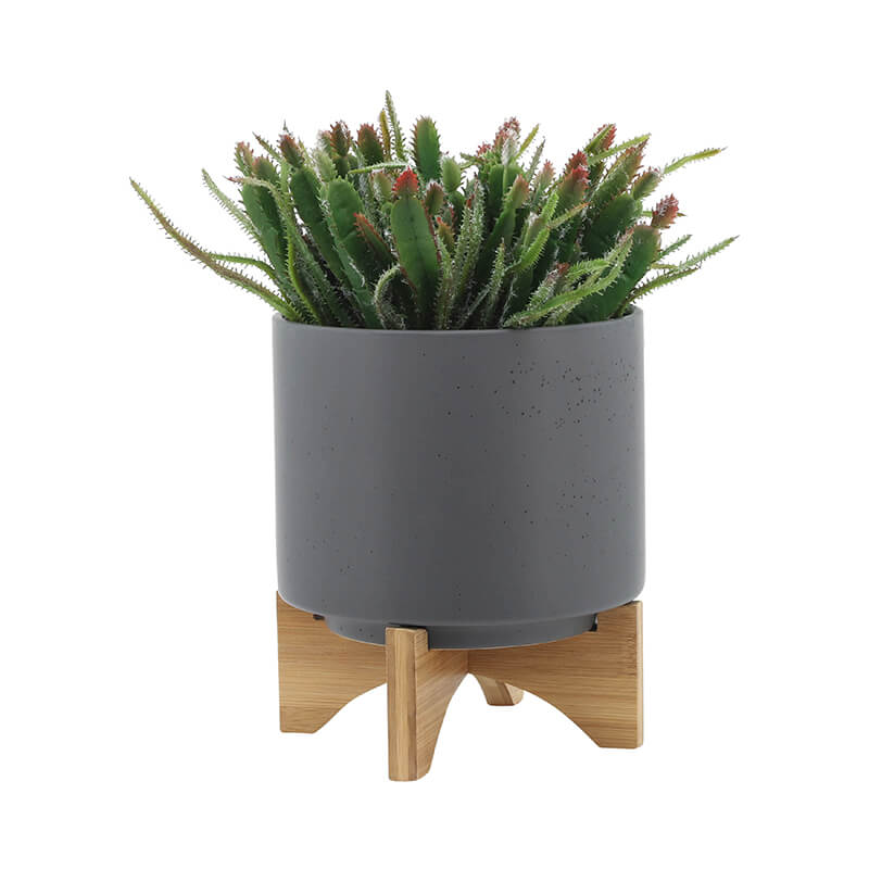 10" Modern Ceramic Gray Planter With Wooden Stand