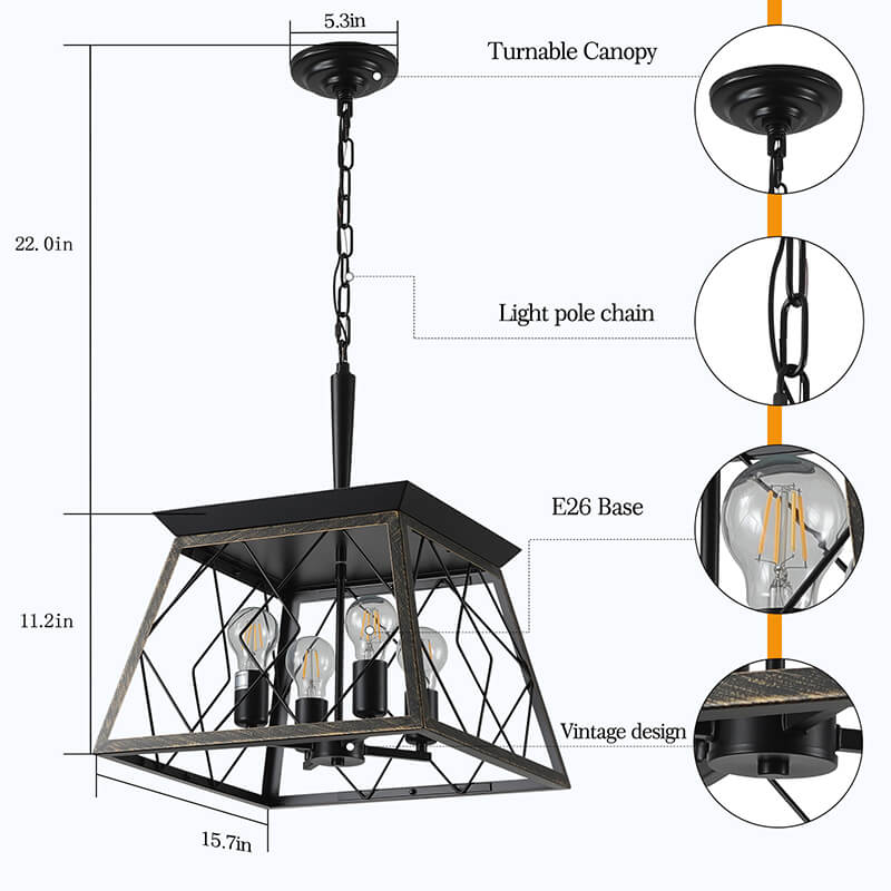 A dimension Image and Label of our 15" Farmhouse Metal Golden Black Pendant 4-Light Chandelier 