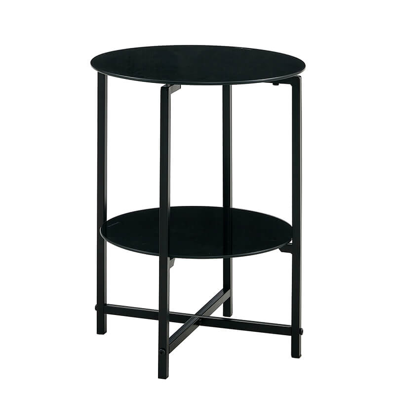 15" Transparent Round Black Tempered Glass 2-Layer End Table with Black Metal Frame