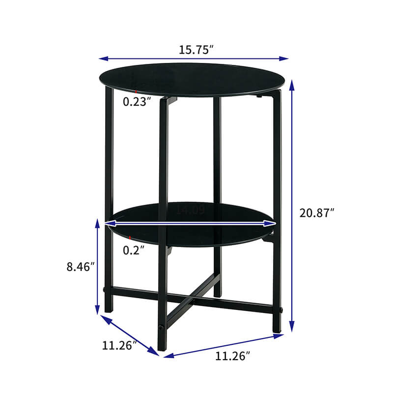 A dimension Image of our 15" Transparent Round Black Tempered Glass 2-Layer End Table with Black Metal Frame