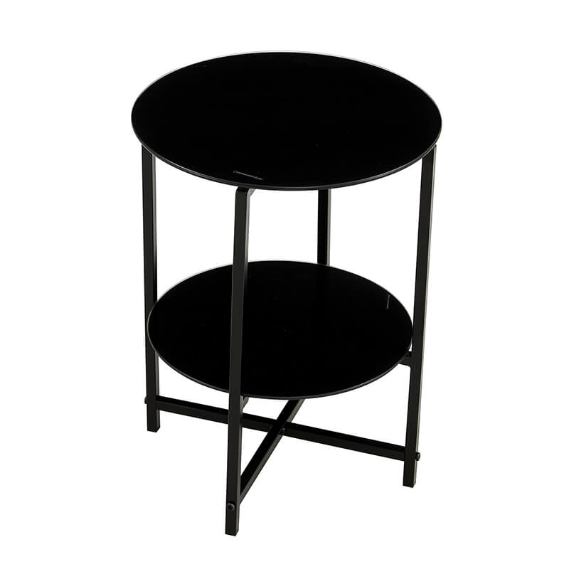 15" Transparent Round Black Tempered Glass 2-Layer End Table with Black Metal Frame