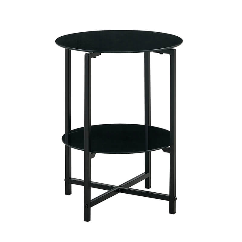 15" Transparent Round Black Tempered Glass 2-Layer End Table with Black Metal Frame