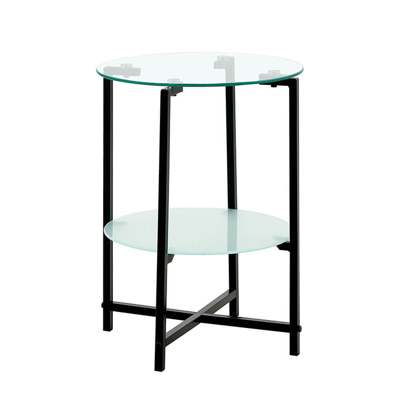 15" Transparent Round Tempered Glass 2-Layer End Table with Black Metal Frame