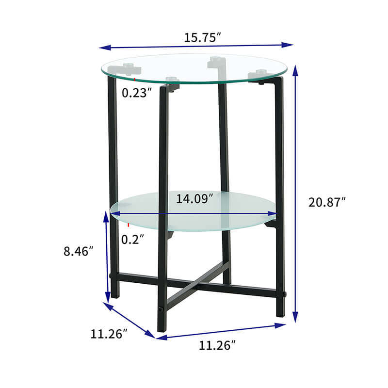 A dimension Image of our 15" Transparent Round Tempered Glass 2-Layer End Table with Black Metal Frame