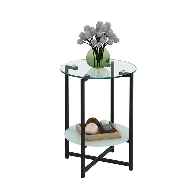 15" Transparent Round Tempered Glass 2-Layer End Table with Black Metal Frame