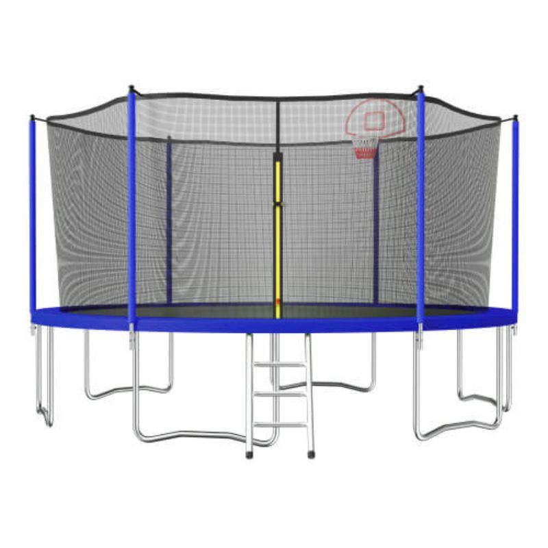 15FT Blue Trampoline for Kids with Safety Enclosure Net and W-Shaped Legs -183"