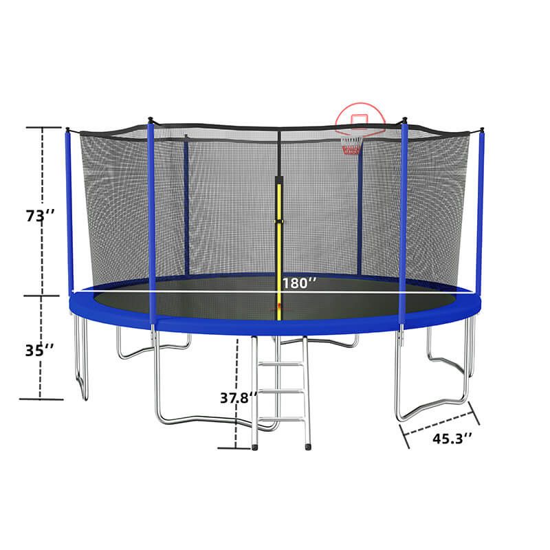 A dimension Image of our 15FT Blue Trampoline for Kids with Safety Enclosure Net and W-Shaped Legs -183"