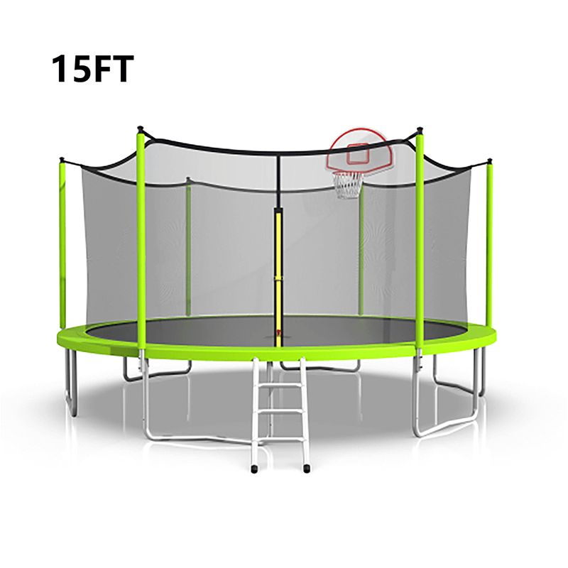 15FT Green Trampoline for Kids with Safety Enclosure Net and W-Shaped Legs -183"