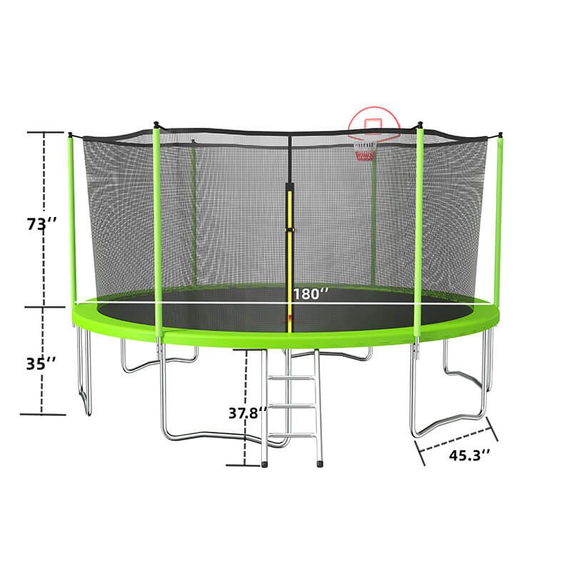 A dimension Image of our 15FT Green Trampoline for Kids with Safety Enclosure Net and W-Shaped Legs -183"