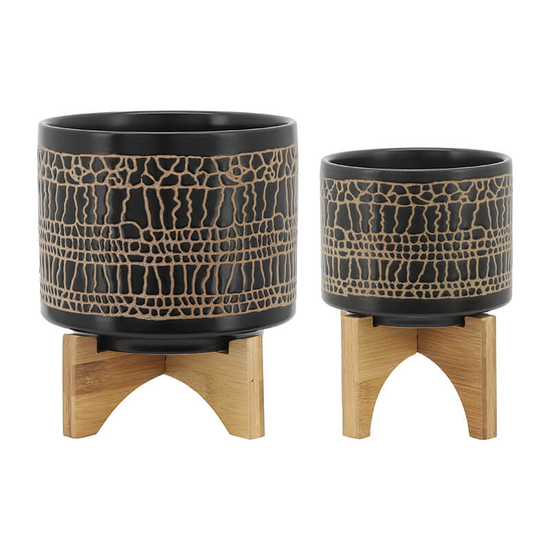 5/8" Black Glazed Planter With Wooden Stand - Set Of 2