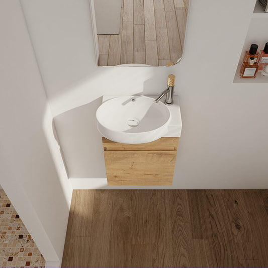 16" Imitative Oak Compact Wall-Mounted Bathroom Vanity with Round Single Ceramic Sink and Soft Close Door