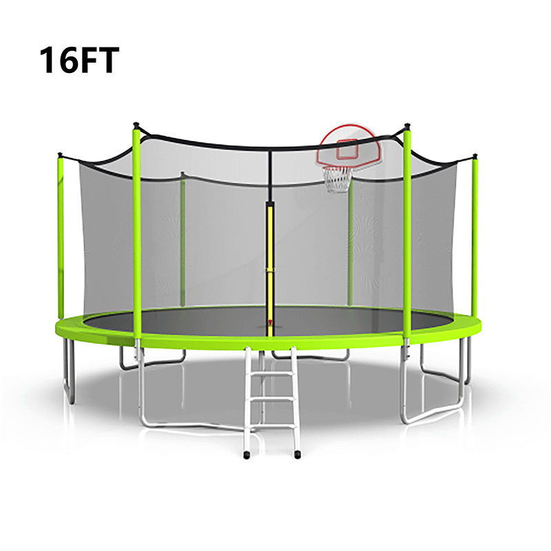 16FT Green Round Trampoline for Kids with Basketball Hoop and Ladder -192"