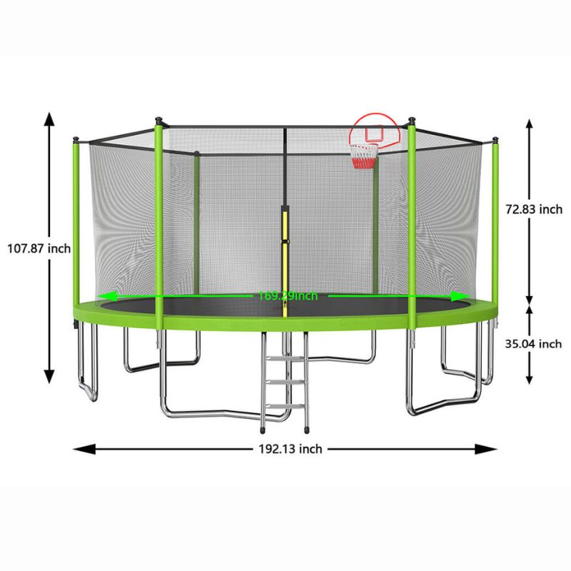 A dimension Image of our 16FT Green Round Trampoline for Kids with Basketball Hoop and Ladder -192"