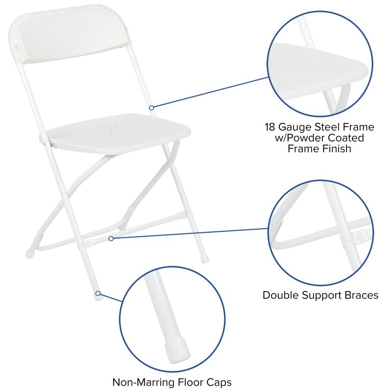 17.5" White Plastic Folding Chair with Steel Frame