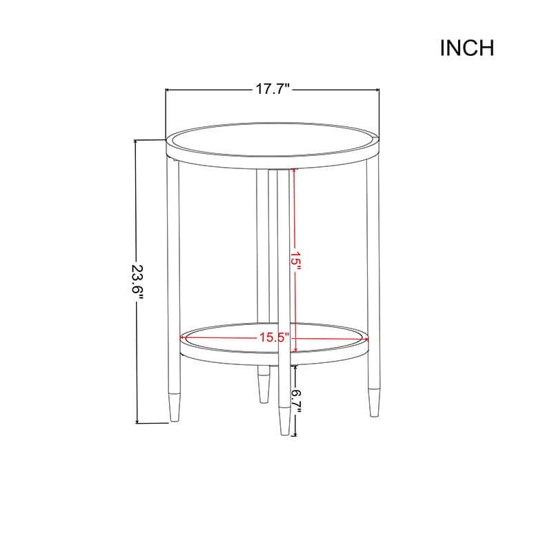 A dimension Image of 17" Black Round Tempered Glass End Table with Bottom Shelf and Metal Frame