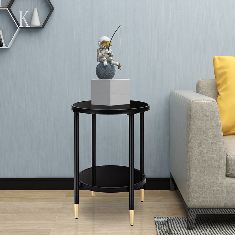 17" Black Round Tempered Glass End Table with Bottom Shelf and Metal Frame