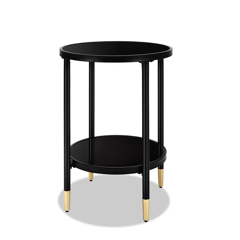 17" Black Round Tempered Glass End Table with Bottom Shelf and Metal Frame