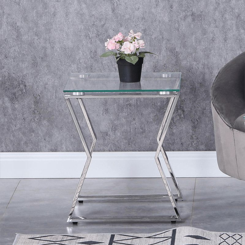 17" Silver Tempered Glass Nesting End Table with Stainless Steel Legs