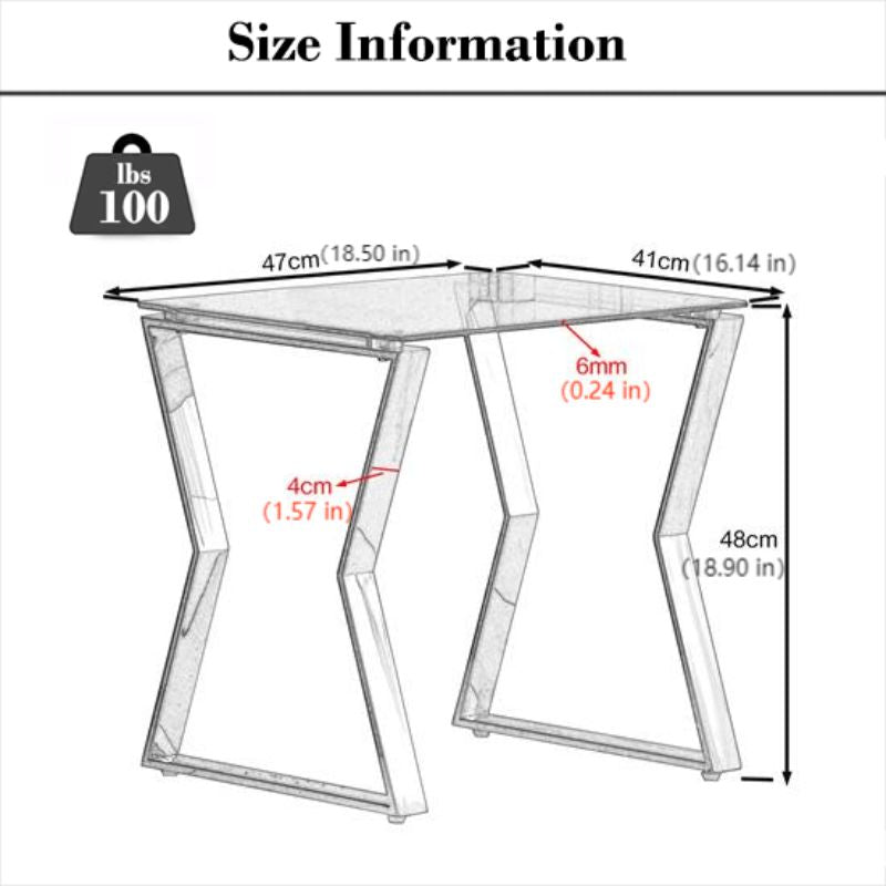 A dimension Image of our 17" Silver Tempered Glass Nesting End Table with Stainless Steel Legs 