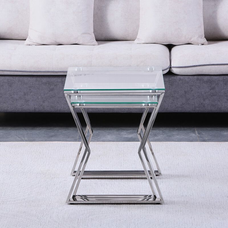 17" Silver Tempered Glass Nesting End Table with Stainless Steel Legs