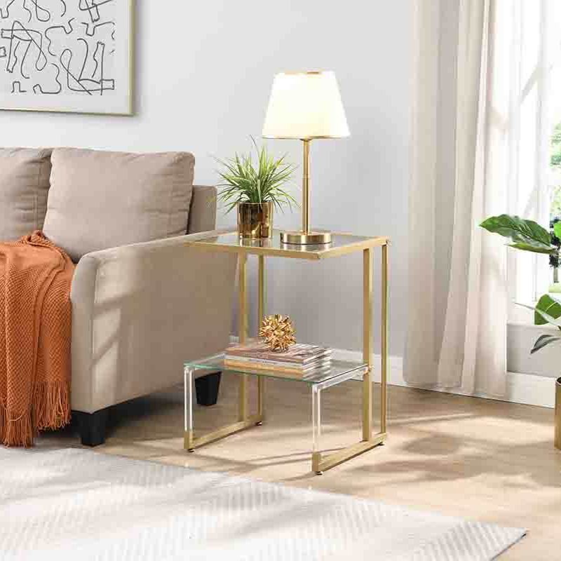 17" Transparent L-Shape Gold Acrylic Glass 2-Tier End Table with Chrome Metal Frame