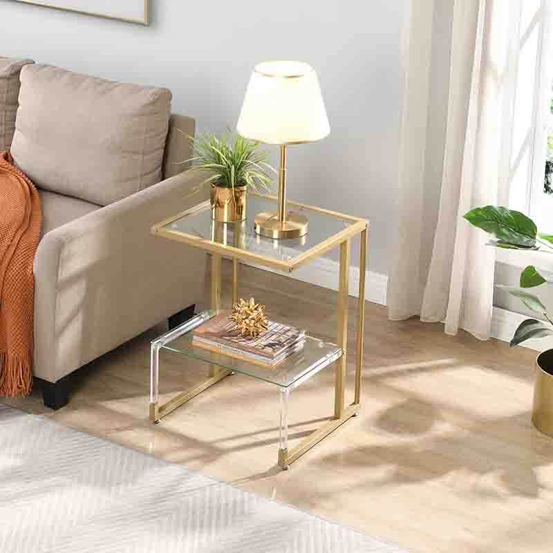 17" Transparent L-Shape Gold Acrylic Glass 2-Tier End Table with Chrome Metal Frame