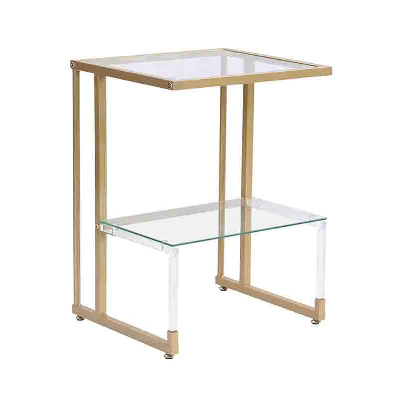 17" Transparent L-Shape Gold Acrylic Glass 2-Tier End Table with Chrome Metal Frame