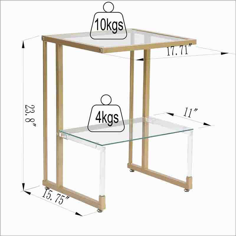 A dimension Image of our 17" Transparent L-Shape Gold Acrylic Glass 2-Tier End Table with Chrome Metal Frame