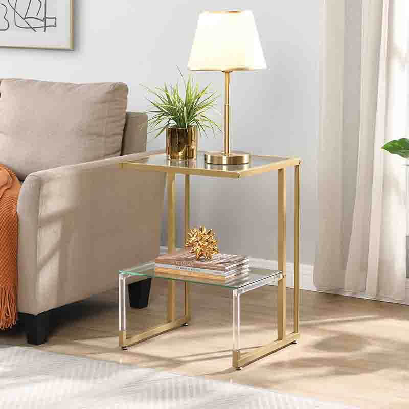 17" Transparent L-Shape Gold Acrylic Glass 2-Tier End Table with Chrome Metal Frame