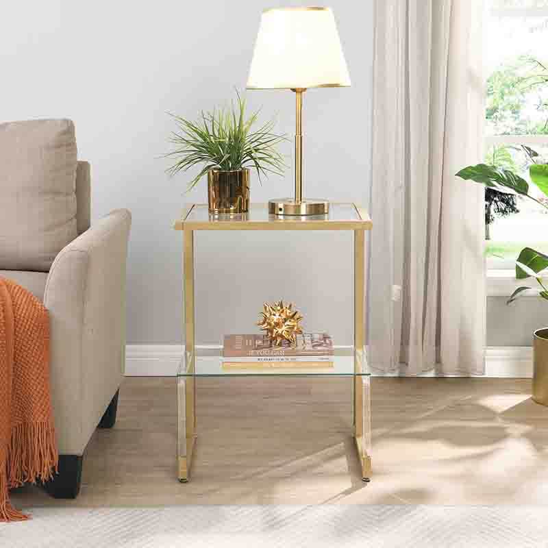 17" Transparent L-Shape Gold Acrylic Glass 2-Tier End Table with Chrome Metal Frame